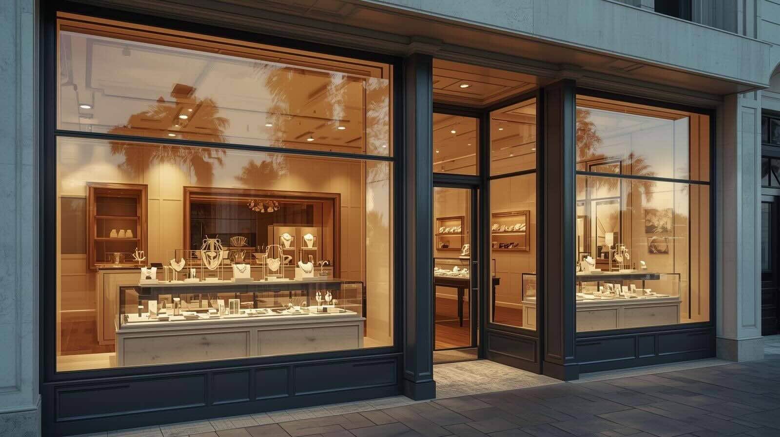 Highly polished jewelry displayed in store window at Jewellink, Sydney AU.