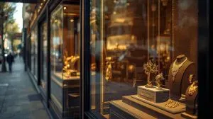 Glamorous jewelry showcase featuring gold necklaces, rings, and accessories.