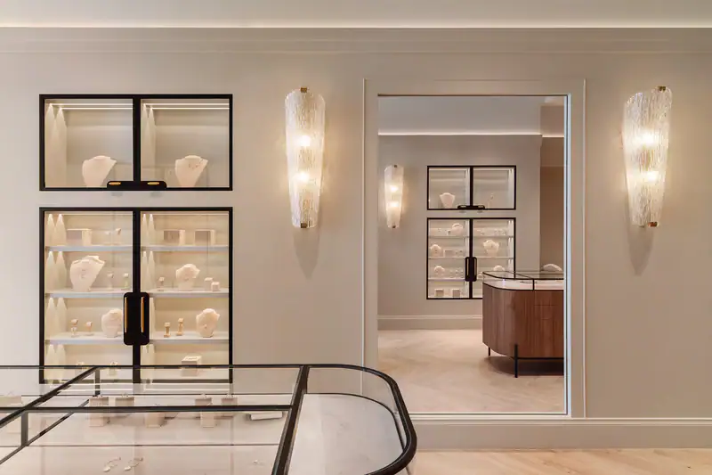 Elegant jewellery display cases at Jewellink Australia, showcasing stunning pieces in a sleek showroom.