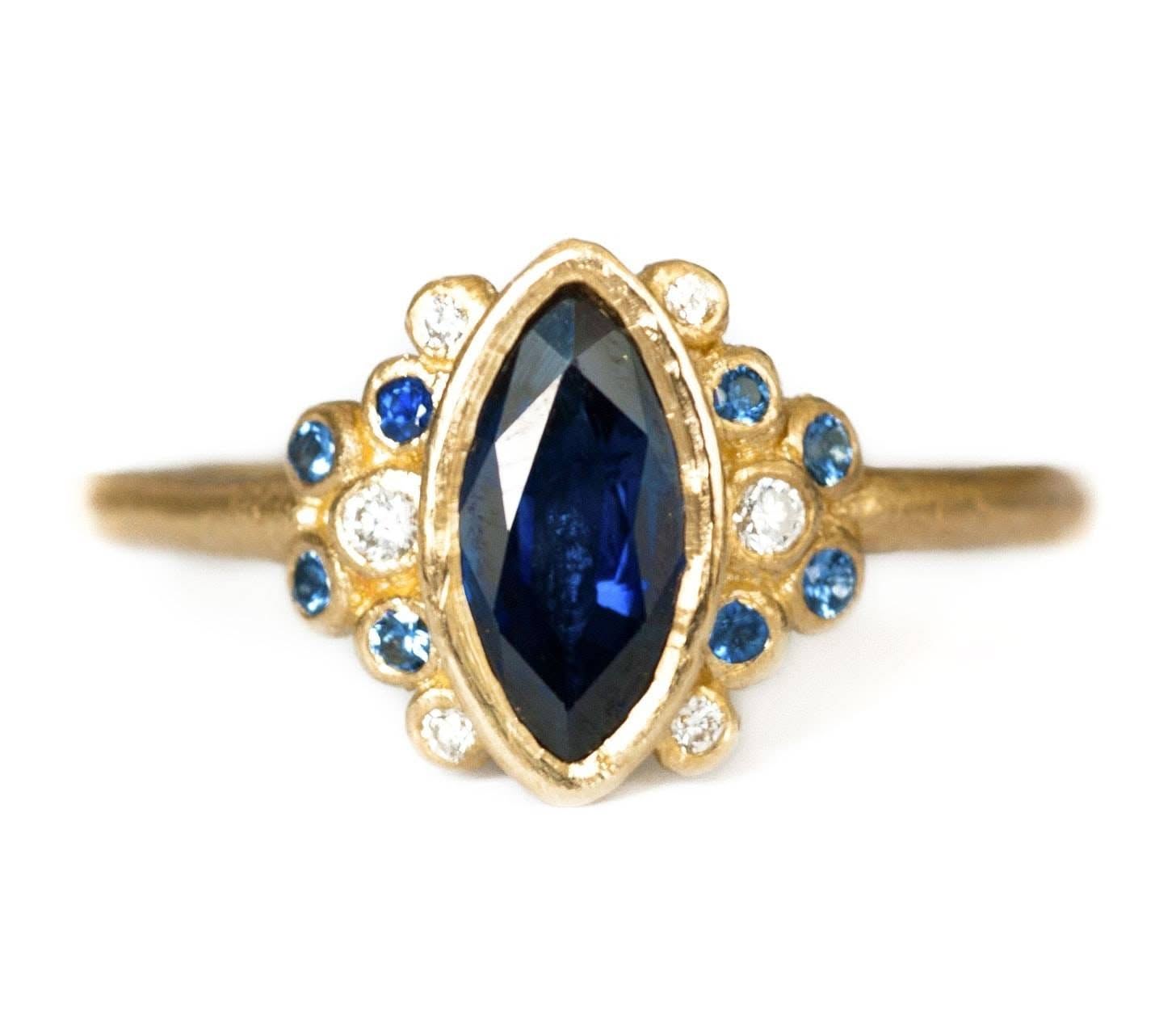 9 Carat Yellow Gold Australian And Accent Sapphire And Diamond RIng Marquise SapphiresMadame De Pompadour